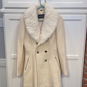 GUESS Cream Faux-Fur Collar Double-Breasted Pea Coat